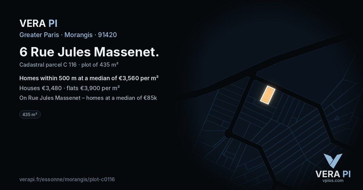 6 Rue Jules Massenet, Morangis at night – the plot lit, the parcels around coloured by the prices near them