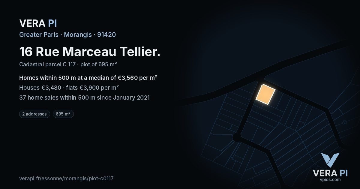 16 Rue Marceau Tellier, Morangis at night – the plot lit, the parcels around coloured by the prices near them