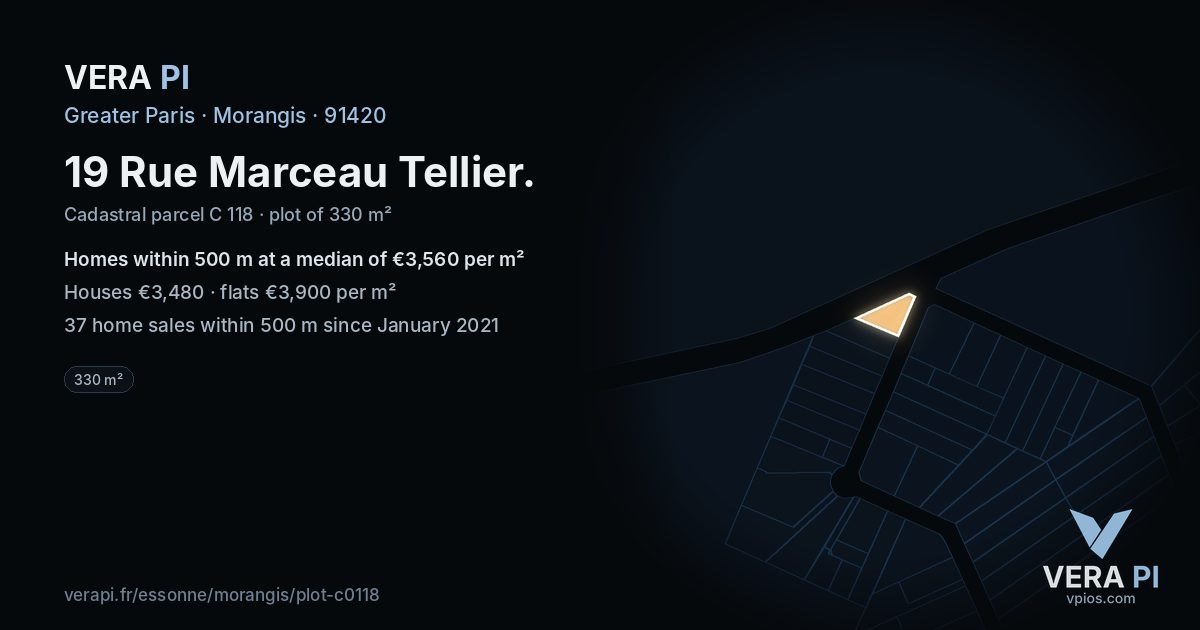 19 Rue Marceau Tellier, Morangis at night – the plot lit, the parcels around coloured by the prices near them