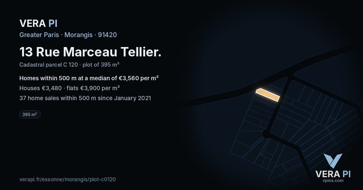 13 Rue Marceau Tellier, Morangis at night – the plot lit, the parcels around coloured by the prices near them