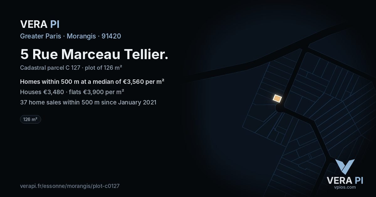 5 Rue Marceau Tellier, Morangis at night – the plot lit, the parcels around coloured by the prices near them