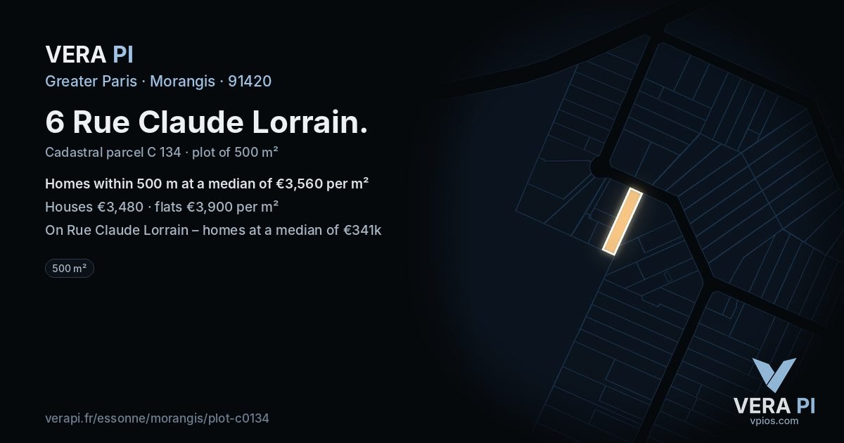 6 Rue Claude Lorrain, Morangis at night – the plot lit, the parcels around coloured by the prices near them