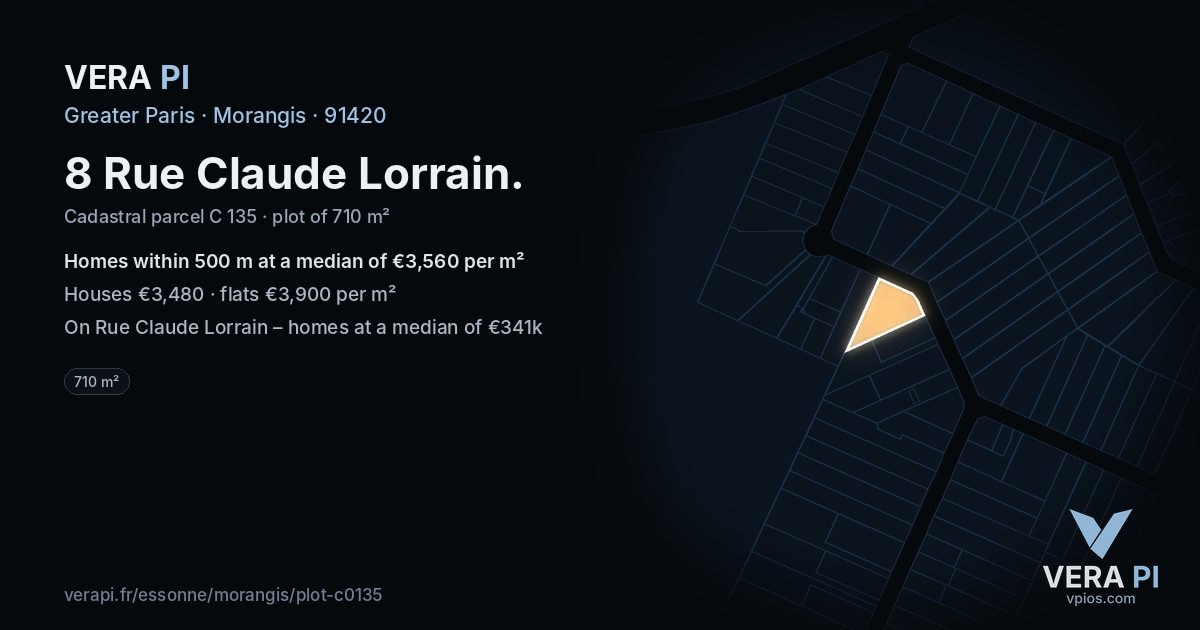 8 Rue Claude Lorrain, Morangis at night – the plot lit, the parcels around coloured by the prices near them