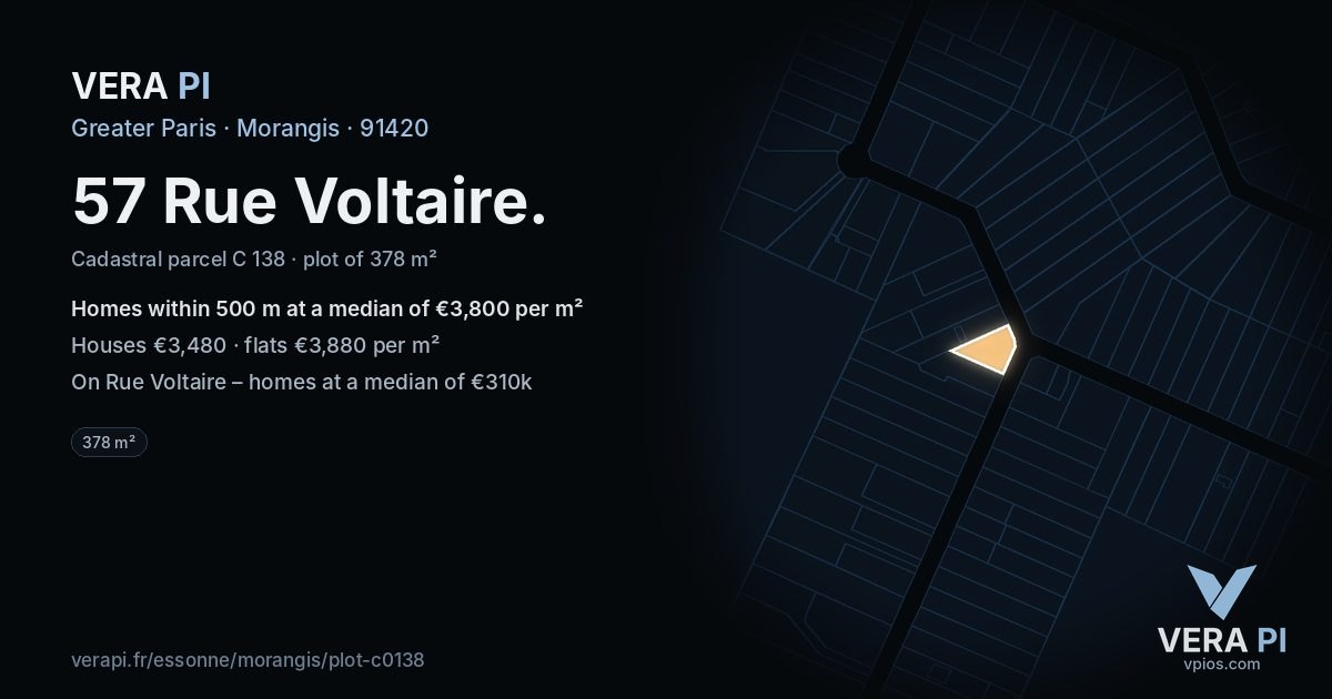 57 Rue Voltaire, Morangis at night – the plot lit, the parcels around coloured by the prices near them