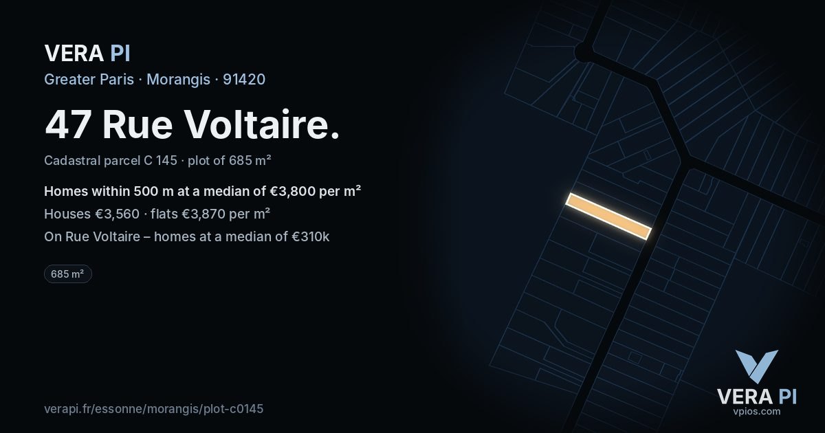 47 Rue Voltaire, Morangis at night – the plot lit, the parcels around coloured by the prices near them
