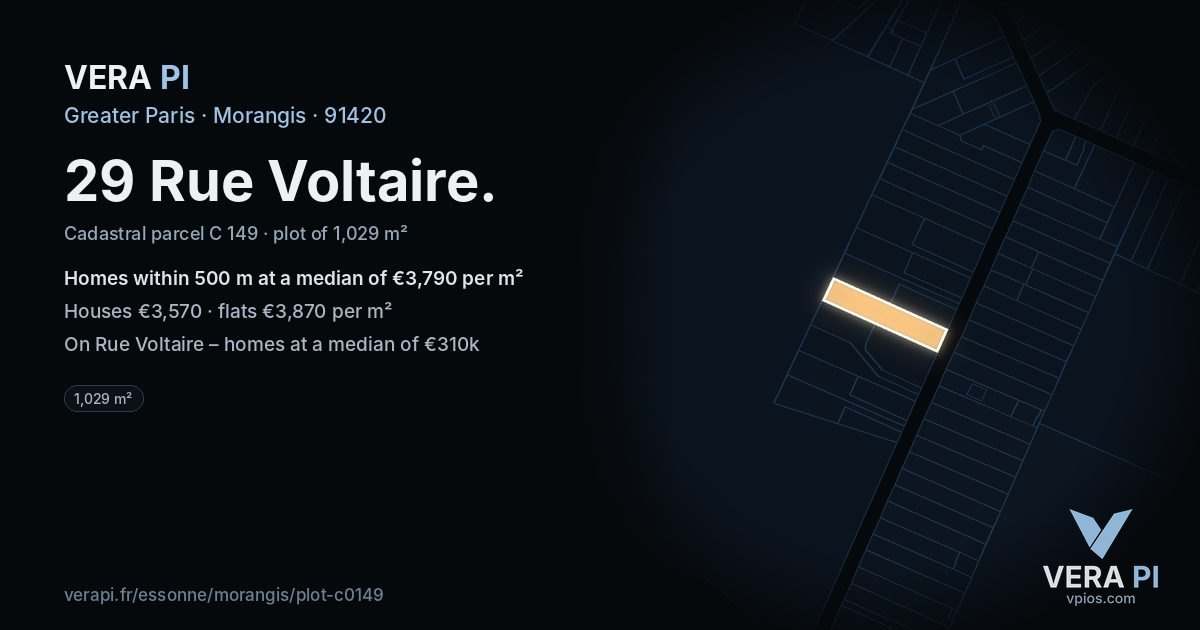 29 Rue Voltaire, Morangis at night – the plot lit, the parcels around coloured by the prices near them