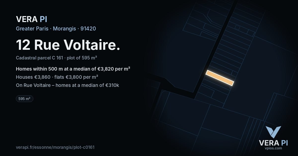 12 Rue Voltaire, Morangis at night – the plot lit, the parcels around coloured by the prices near them