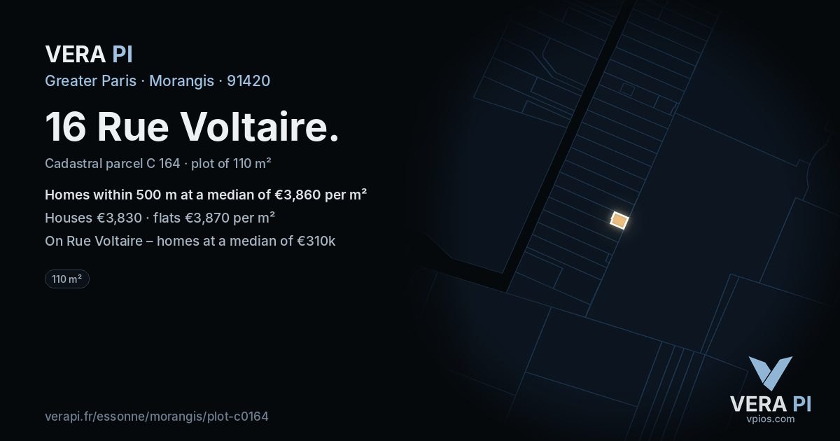 16 Rue Voltaire, Morangis at night – the plot lit, the parcels around coloured by the prices near them