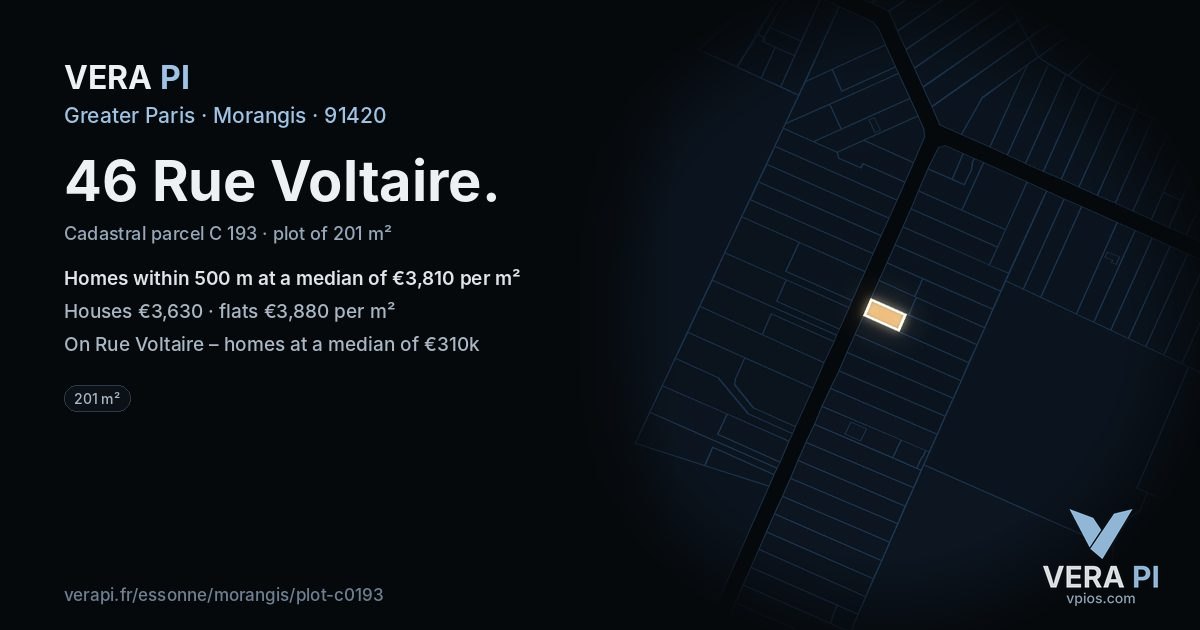 46 Rue Voltaire, Morangis at night – the plot lit, the parcels around coloured by the prices near them