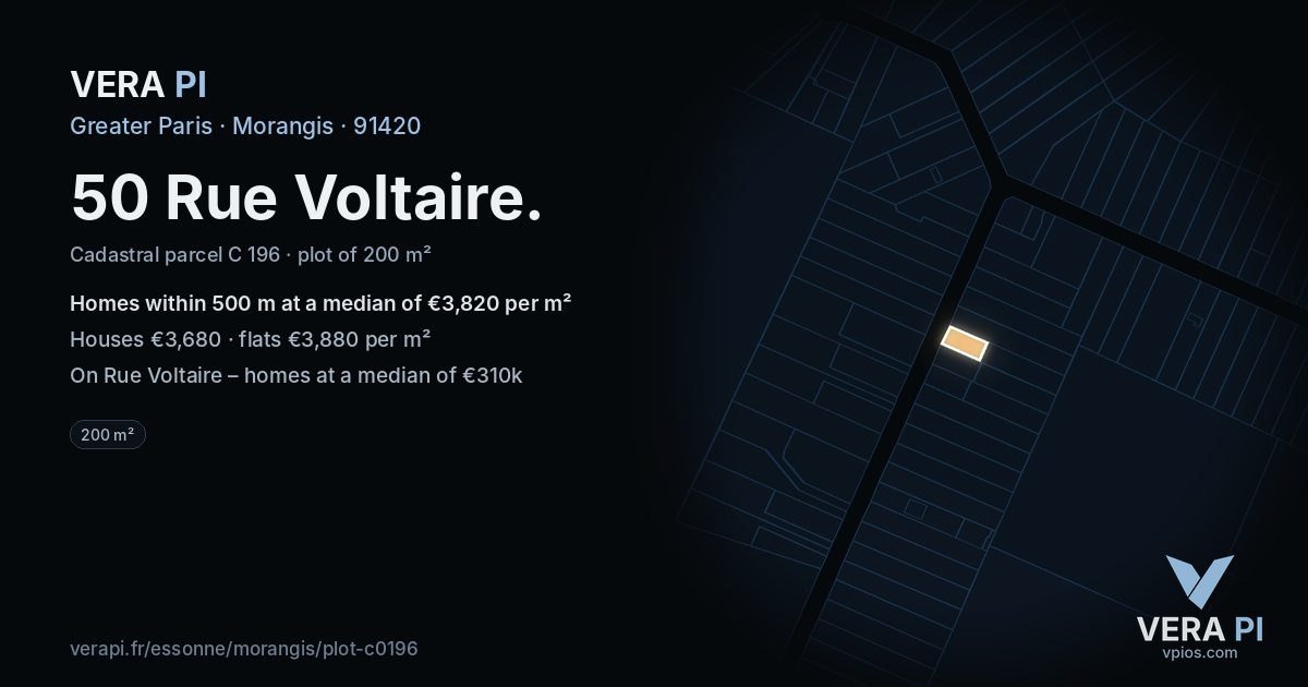 50 Rue Voltaire, Morangis at night – the plot lit, the parcels around coloured by the prices near them