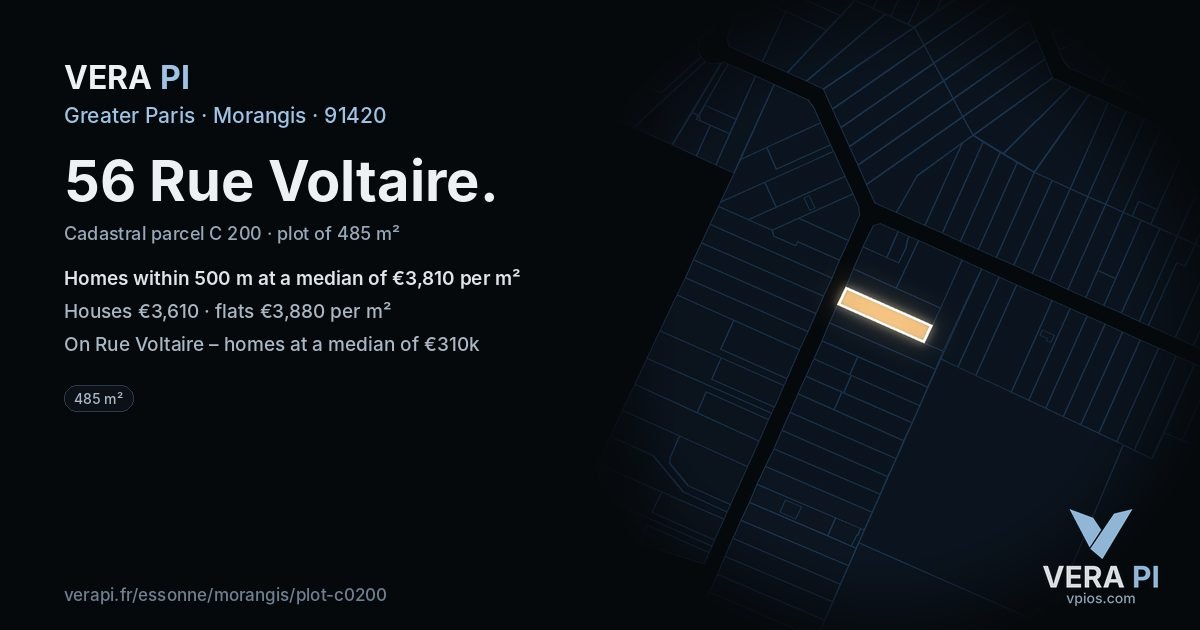 56 Rue Voltaire, Morangis at night – the plot lit, the parcels around coloured by the prices near them