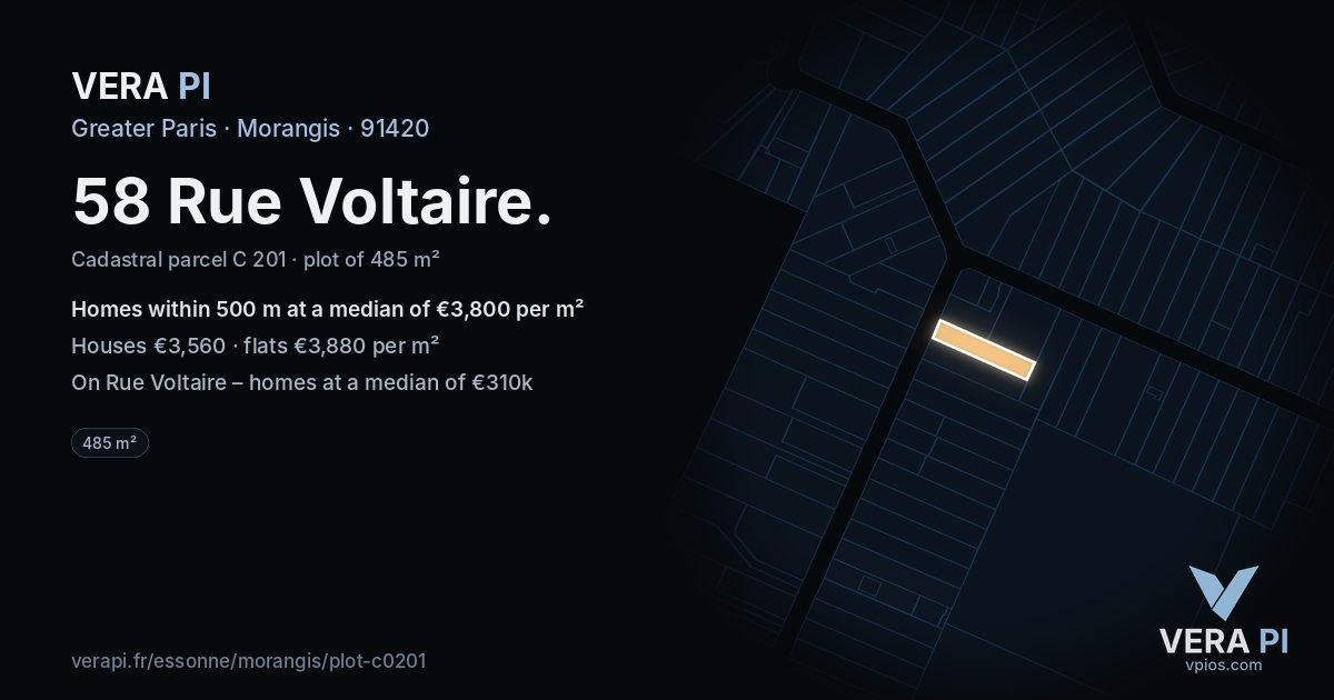 58 Rue Voltaire, Morangis at night – the plot lit, the parcels around coloured by the prices near them