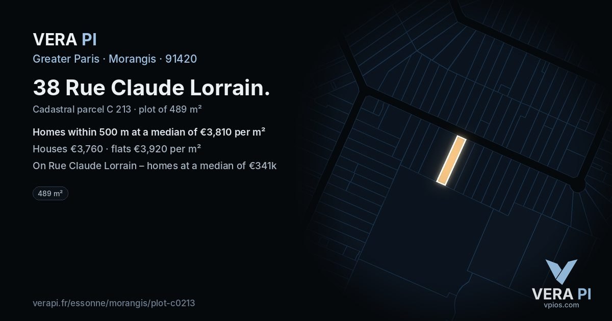 38 Rue Claude Lorrain, Morangis at night – the plot lit, the parcels around coloured by the prices near them