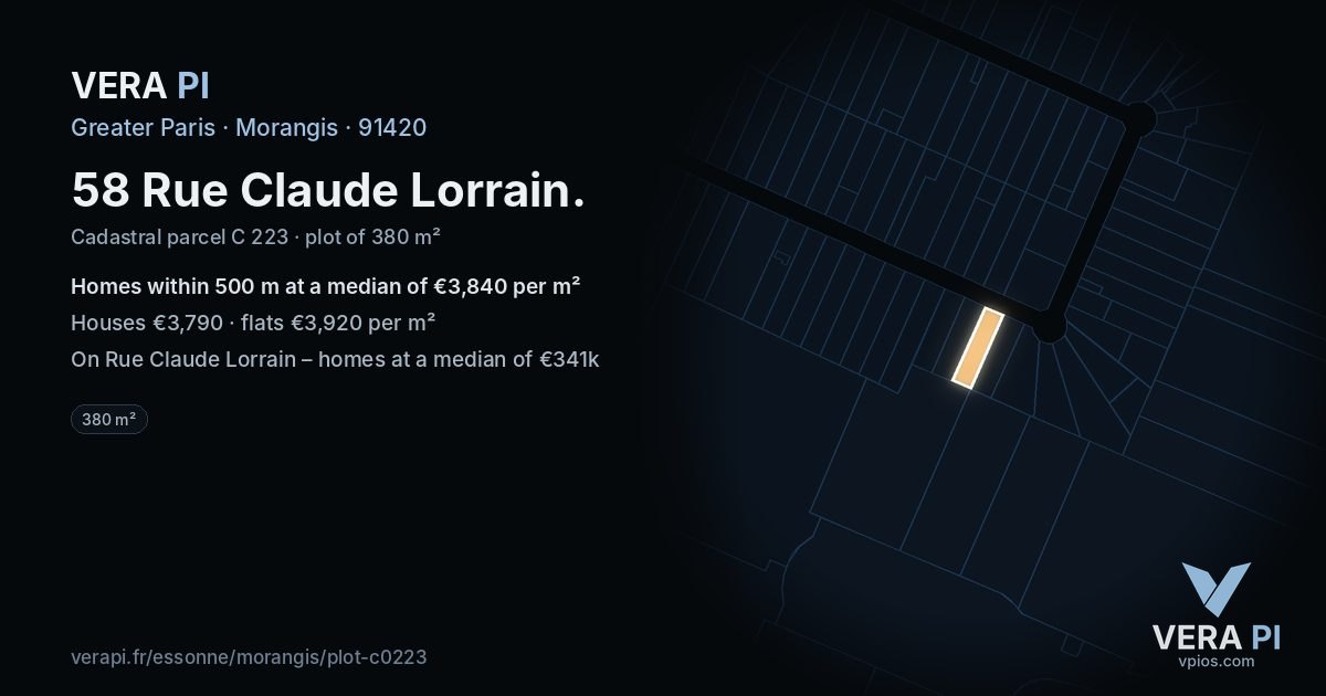 58 Rue Claude Lorrain, Morangis at night – the plot lit, the parcels around coloured by the prices near them