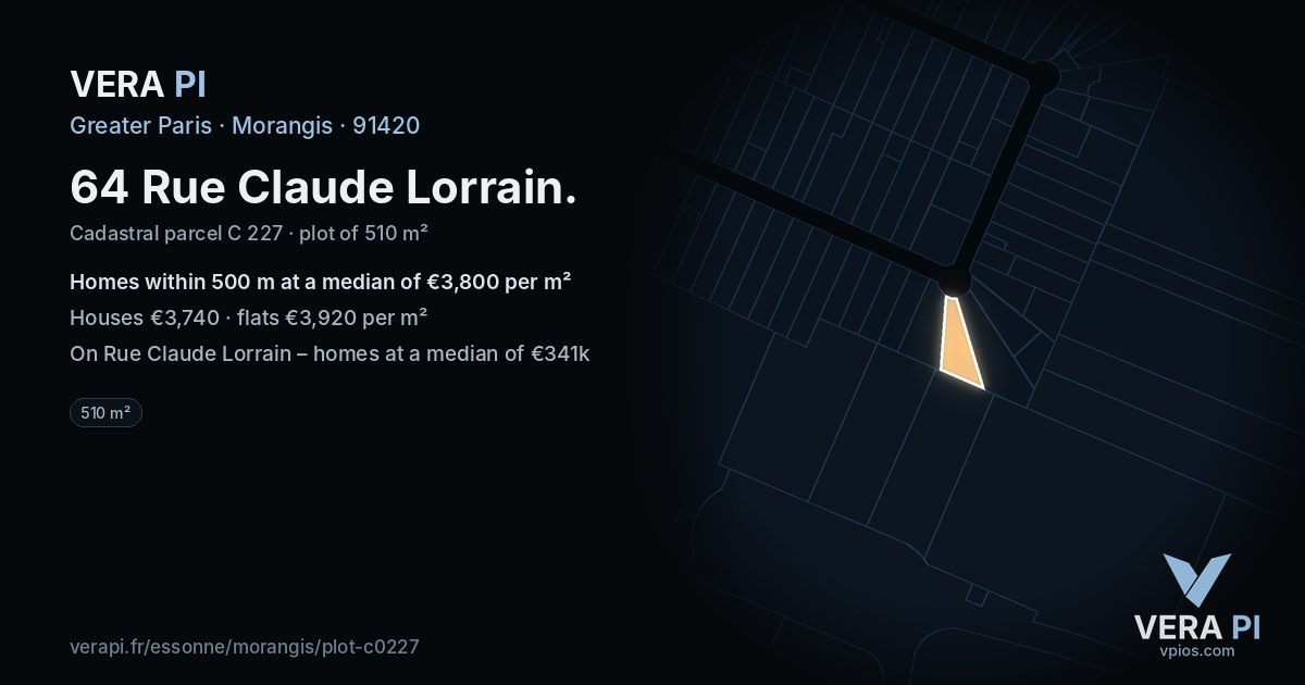 64 Rue Claude Lorrain, Morangis at night – the plot lit, the parcels around coloured by the prices near them