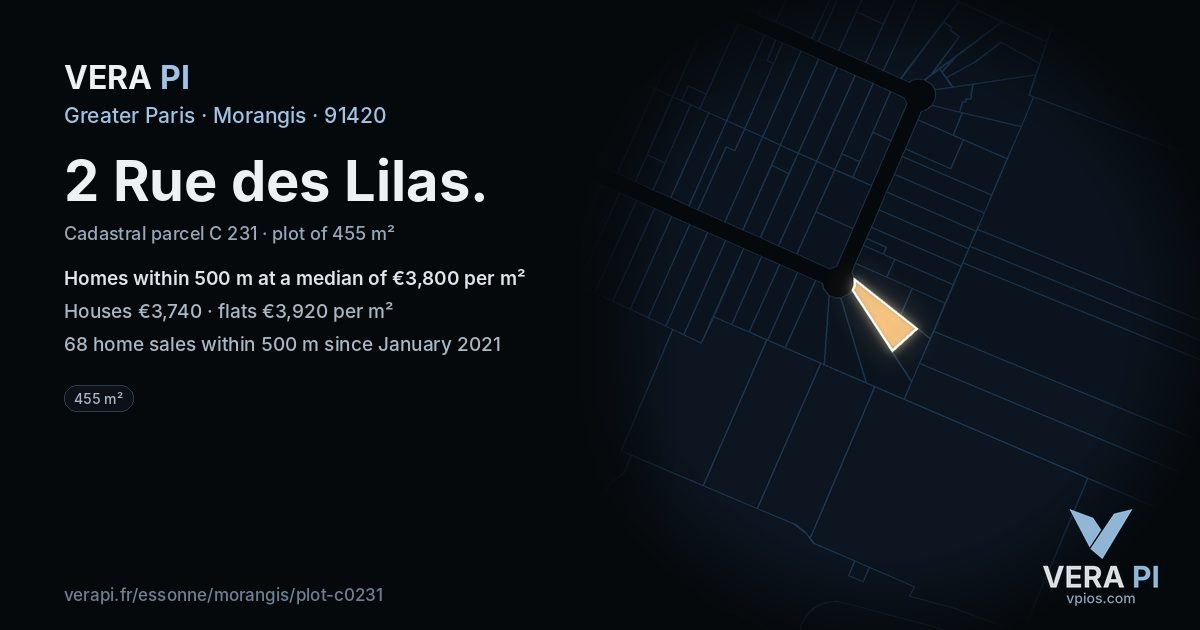 2 Rue des Lilas, Morangis at night – the plot lit, the parcels around coloured by the prices near them