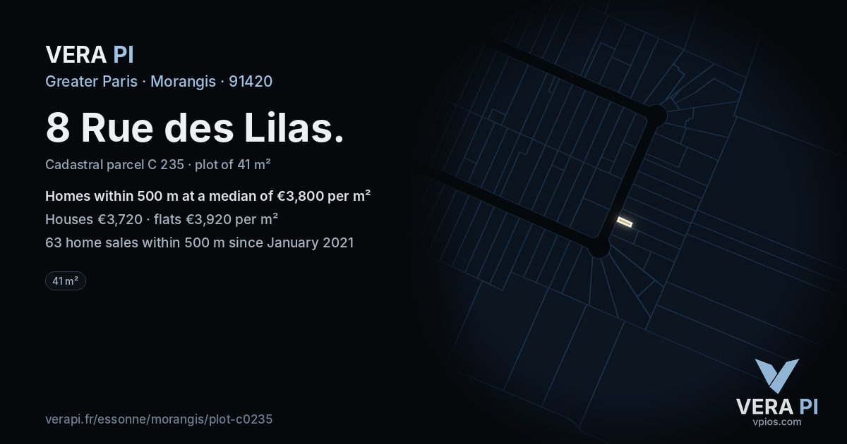 8 Rue des Lilas, Morangis at night – the plot lit, the parcels around coloured by the prices near them