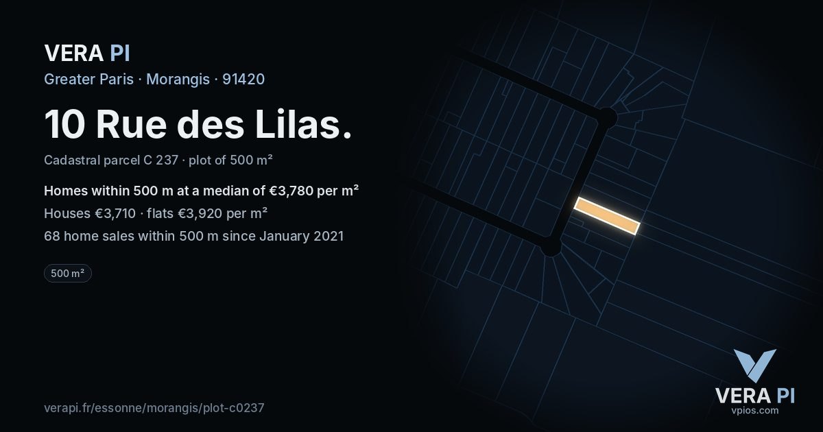 10 Rue des Lilas, Morangis at night – the plot lit, the parcels around coloured by the prices near them