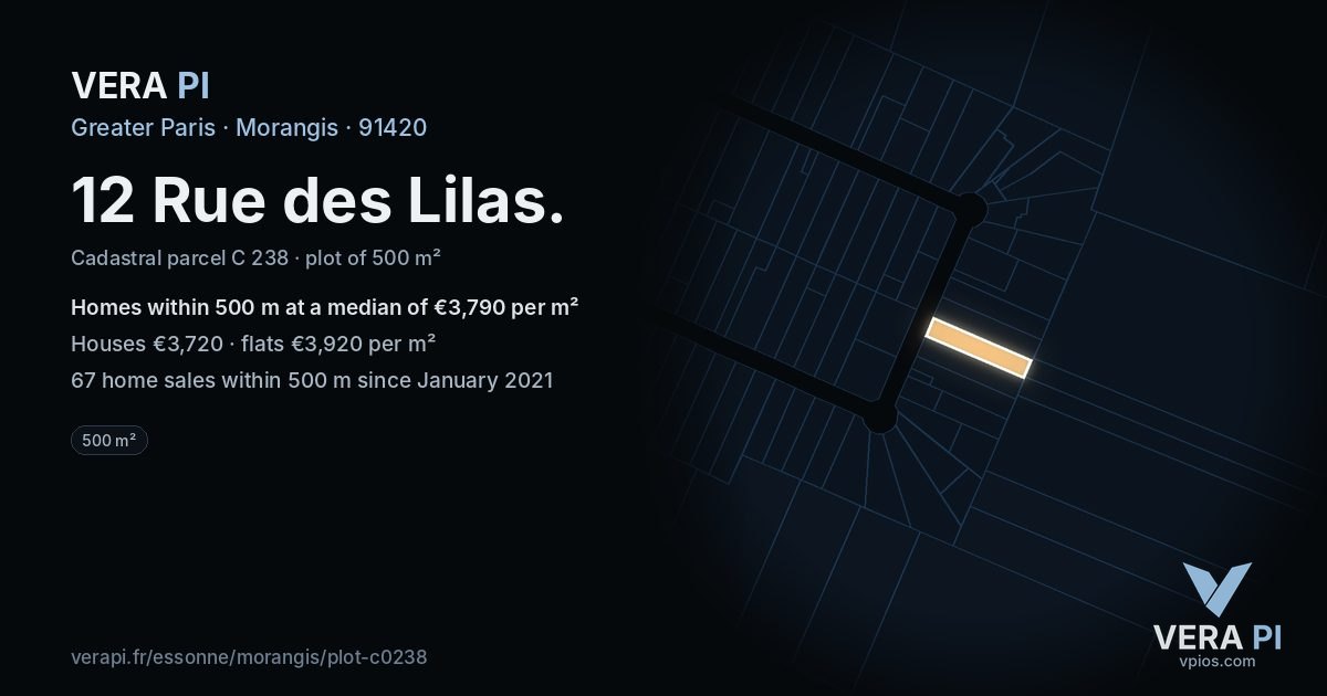 12 Rue des Lilas, Morangis at night – the plot lit, the parcels around coloured by the prices near them