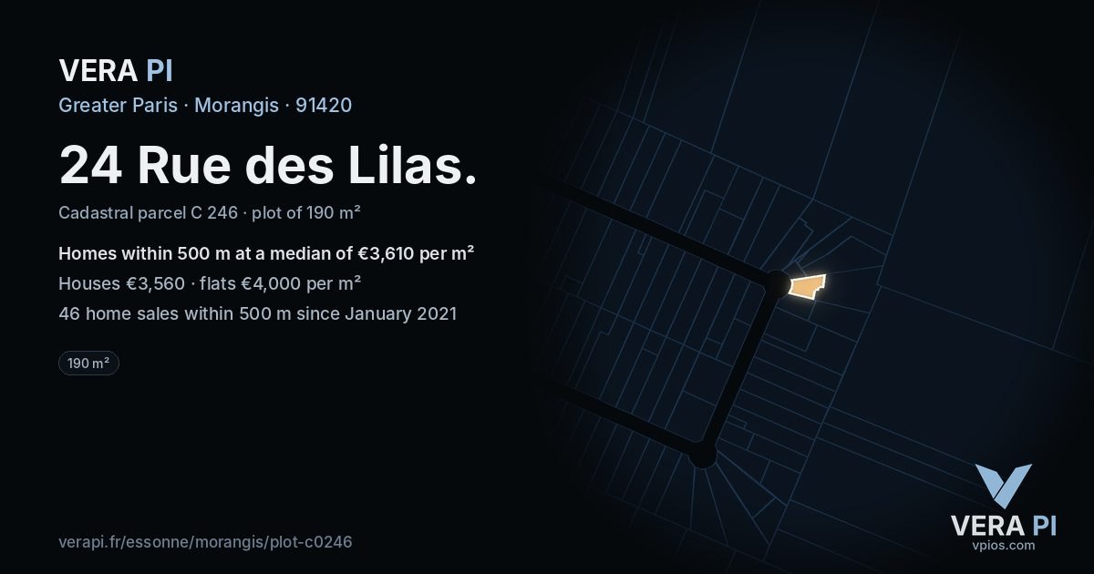 24 Rue des Lilas, Morangis at night – the plot lit, the parcels around coloured by the prices near them