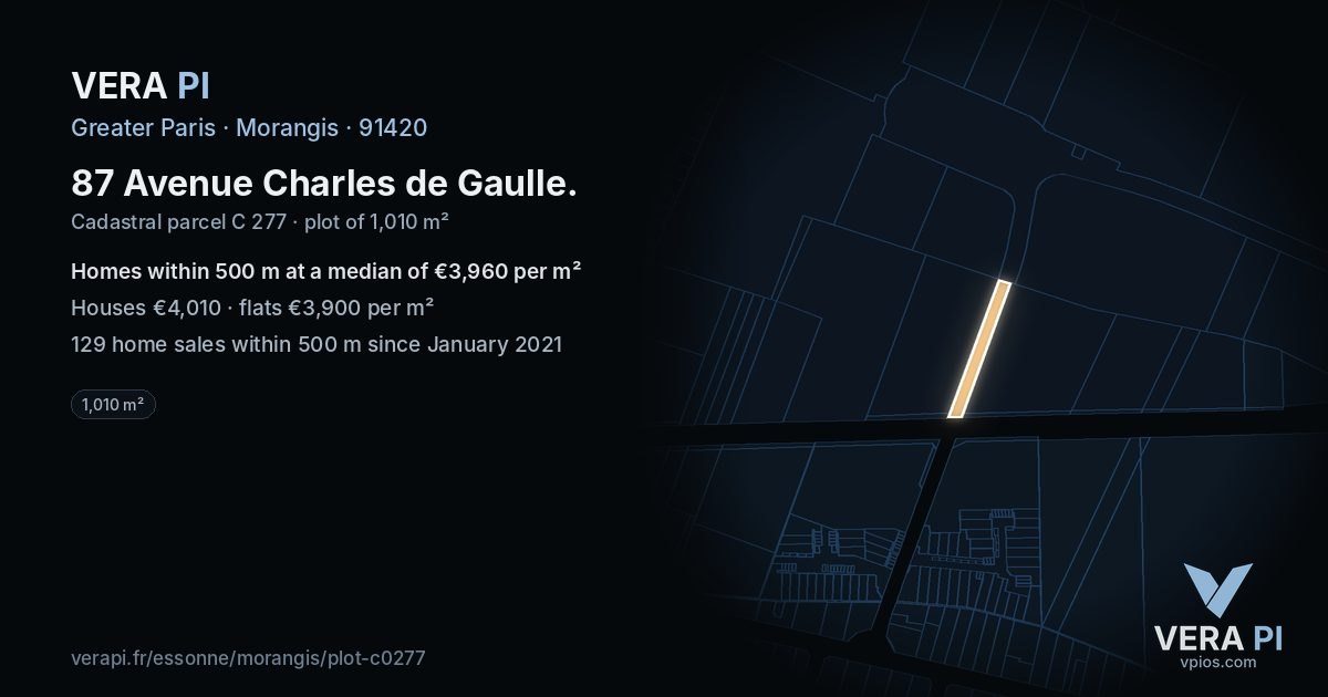 87 Avenue Charles de Gaulle, Morangis at night – the plot lit, the parcels around coloured by the prices near them