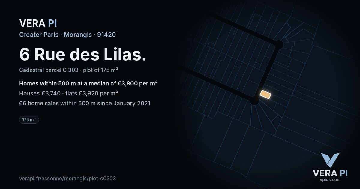 6 Rue des Lilas, Morangis at night – the plot lit, the parcels around coloured by the prices near them
