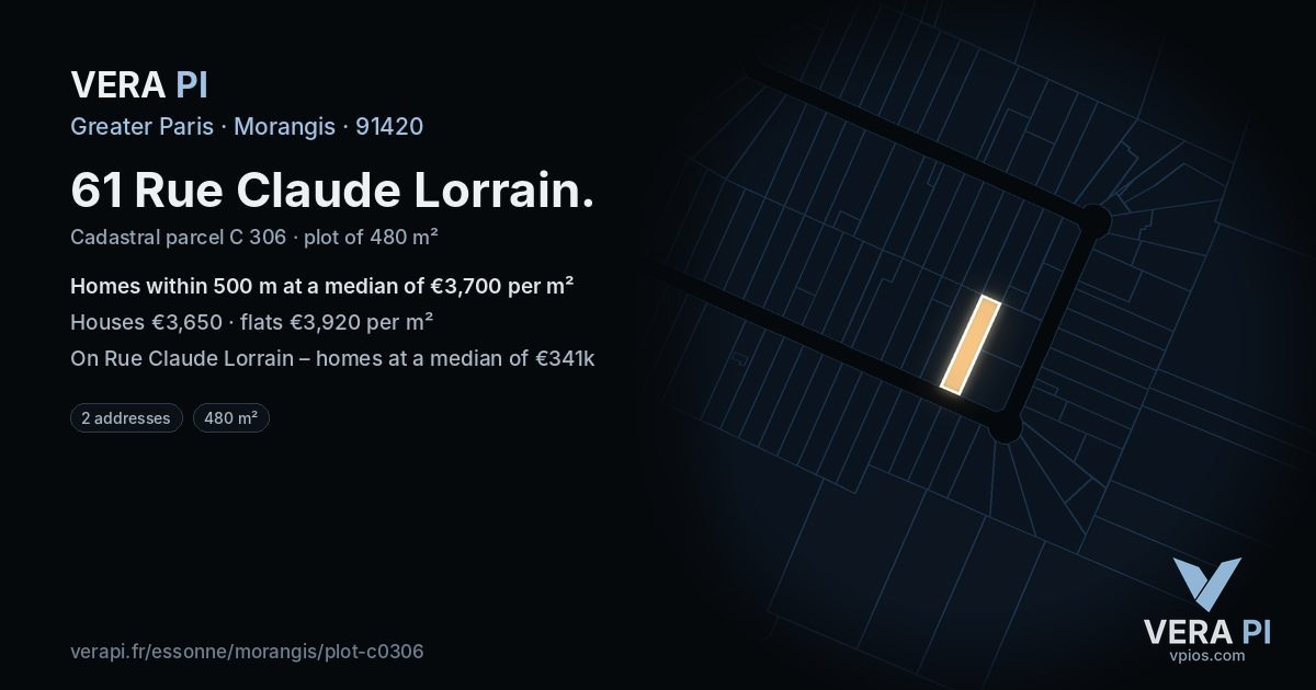 61 Rue Claude Lorrain, Morangis at night – the plot lit, the parcels around coloured by the prices near them