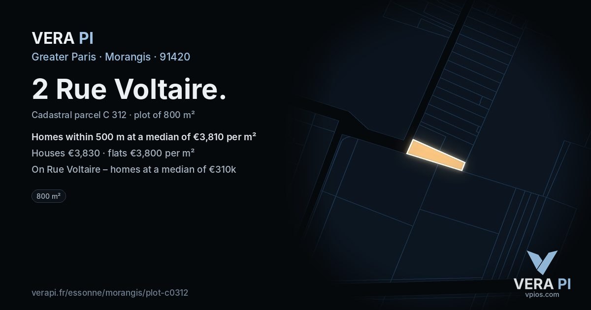 2 Rue Voltaire, Morangis at night – the plot lit, the parcels around coloured by the prices near them