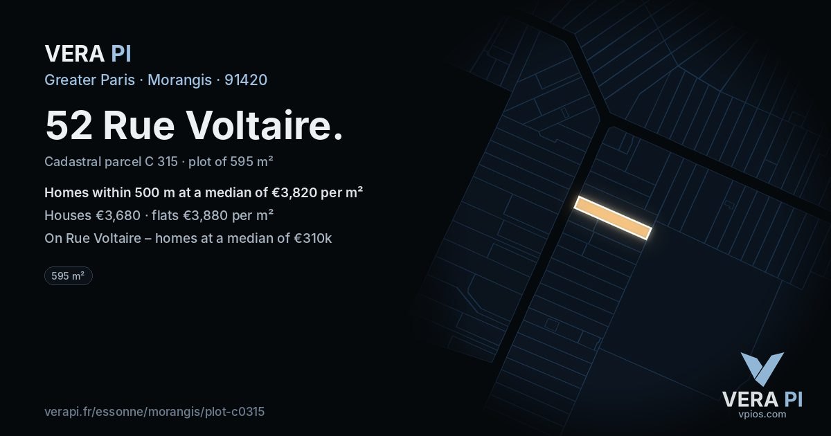 52 Rue Voltaire, Morangis at night – the plot lit, the parcels around coloured by the prices near them