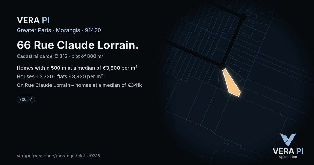 66 Rue Claude Lorrain, Morangis at night – the plot lit, the parcels around coloured by the prices near them