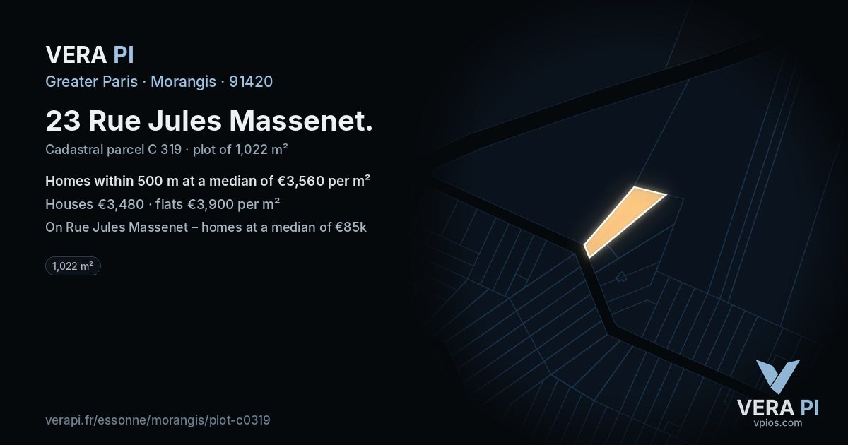 23 Rue Jules Massenet, Morangis at night – the plot lit, the parcels around coloured by the prices near them