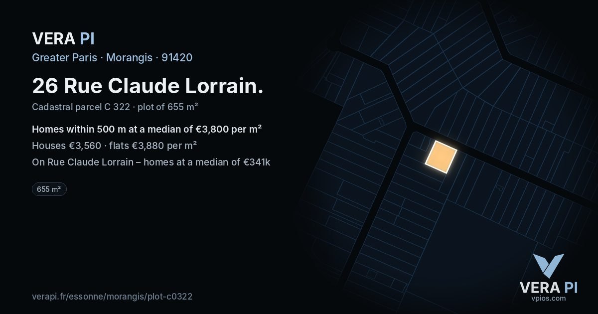 26 Rue Claude Lorrain, Morangis at night – the plot lit, the parcels around coloured by the prices near them