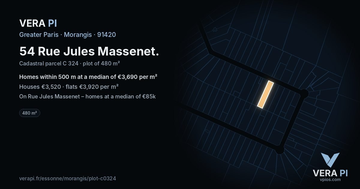 54 Rue Jules Massenet, Morangis at night – the plot lit, the parcels around coloured by the prices near them