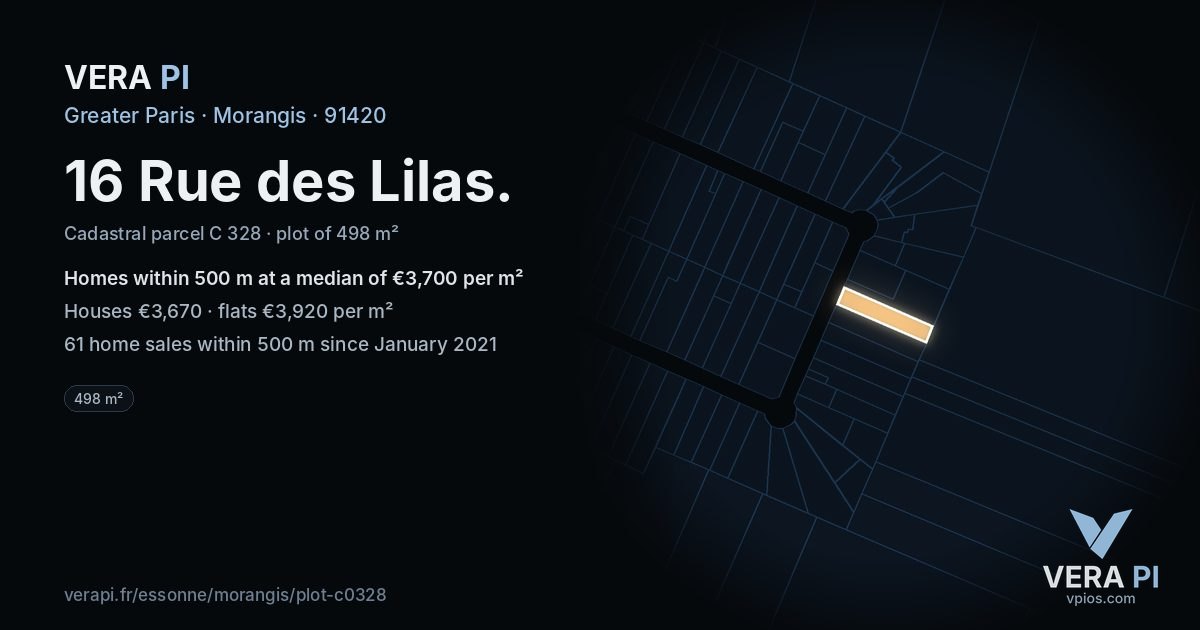 16 Rue des Lilas, Morangis at night – the plot lit, the parcels around coloured by the prices near them