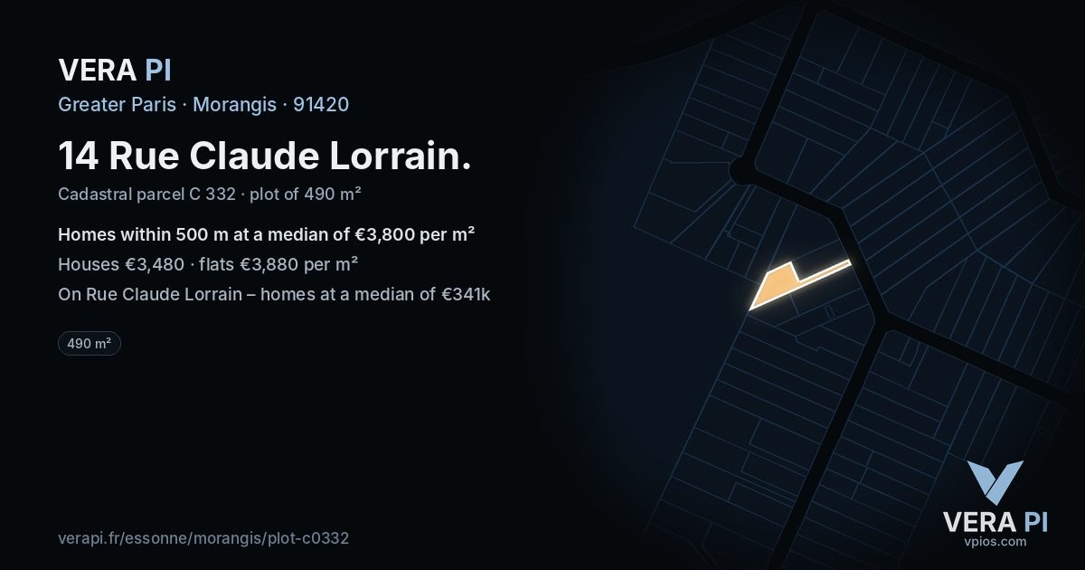 14 Rue Claude Lorrain, Morangis at night – the plot lit, the parcels around coloured by the prices near them