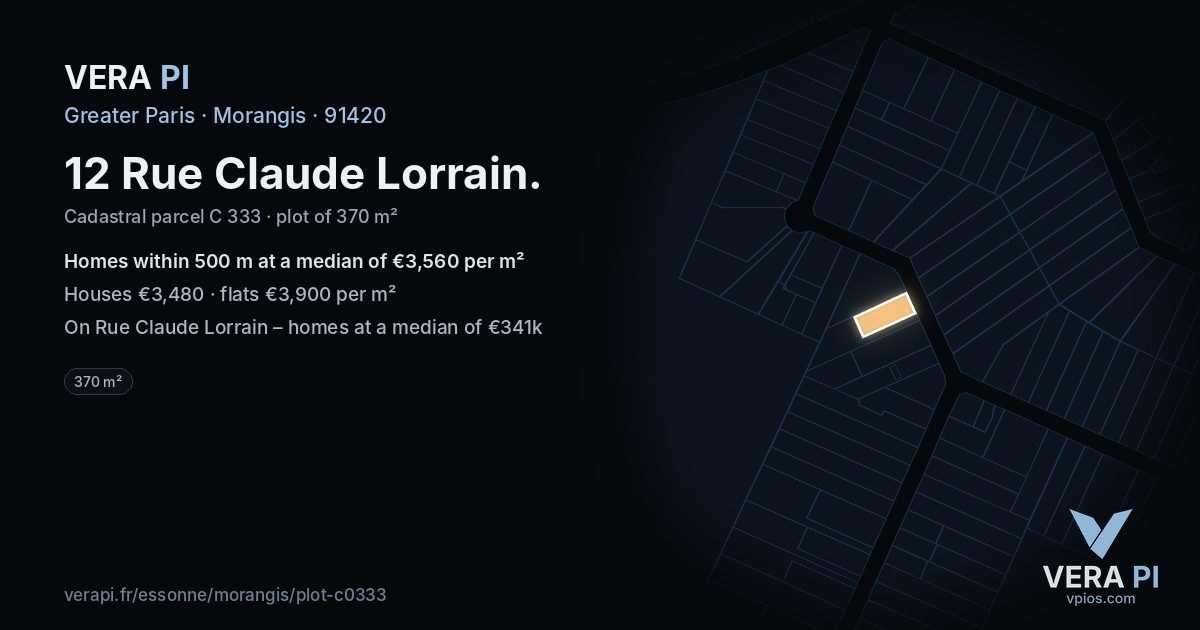 12 Rue Claude Lorrain, Morangis at night – the plot lit, the parcels around coloured by the prices near them