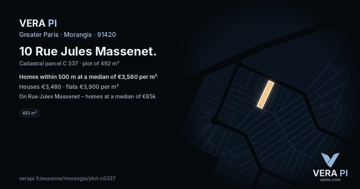10 Rue Jules Massenet, Morangis at night – the plot lit, the parcels around coloured by the prices near them
