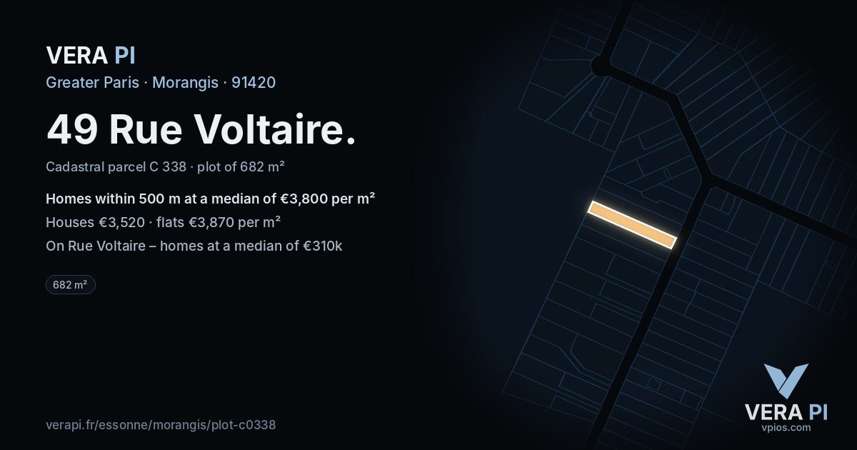 49 Rue Voltaire, Morangis at night – the plot lit, the parcels around coloured by the prices near them