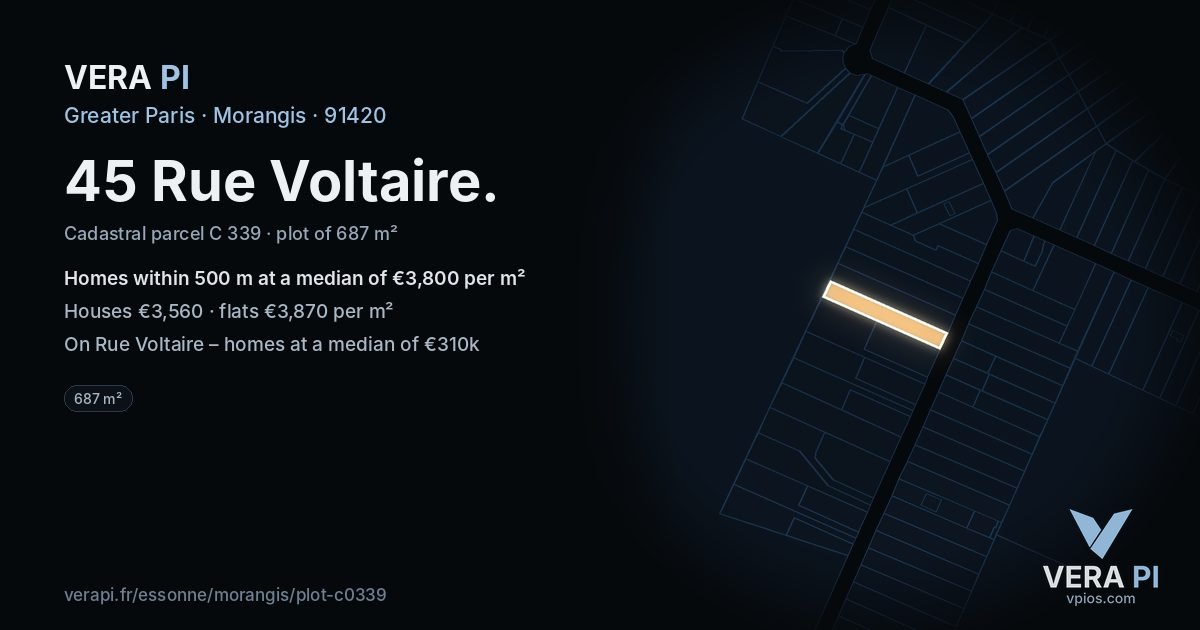 45 Rue Voltaire, Morangis at night – the plot lit, the parcels around coloured by the prices near them