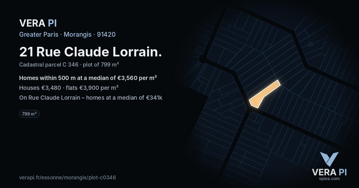 21 Rue Claude Lorrain, Morangis at night – the plot lit, the parcels around coloured by the prices near them