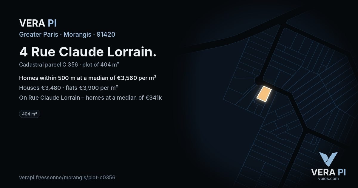 4 Rue Claude Lorrain, Morangis at night – the plot lit, the parcels around coloured by the prices near them