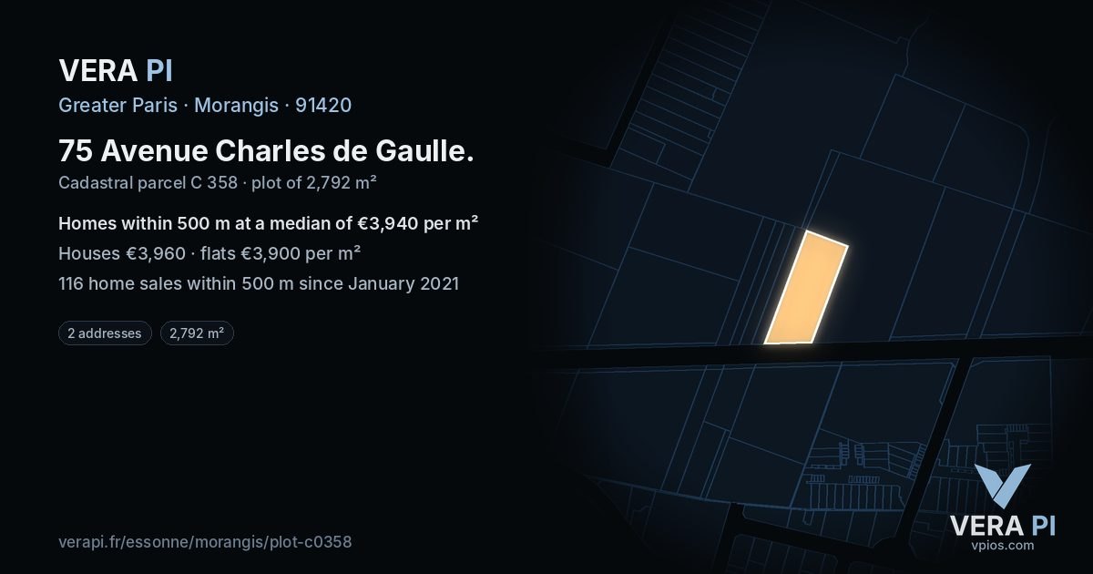 75 Avenue Charles de Gaulle, Morangis at night – the plot lit, the parcels around coloured by the prices near them