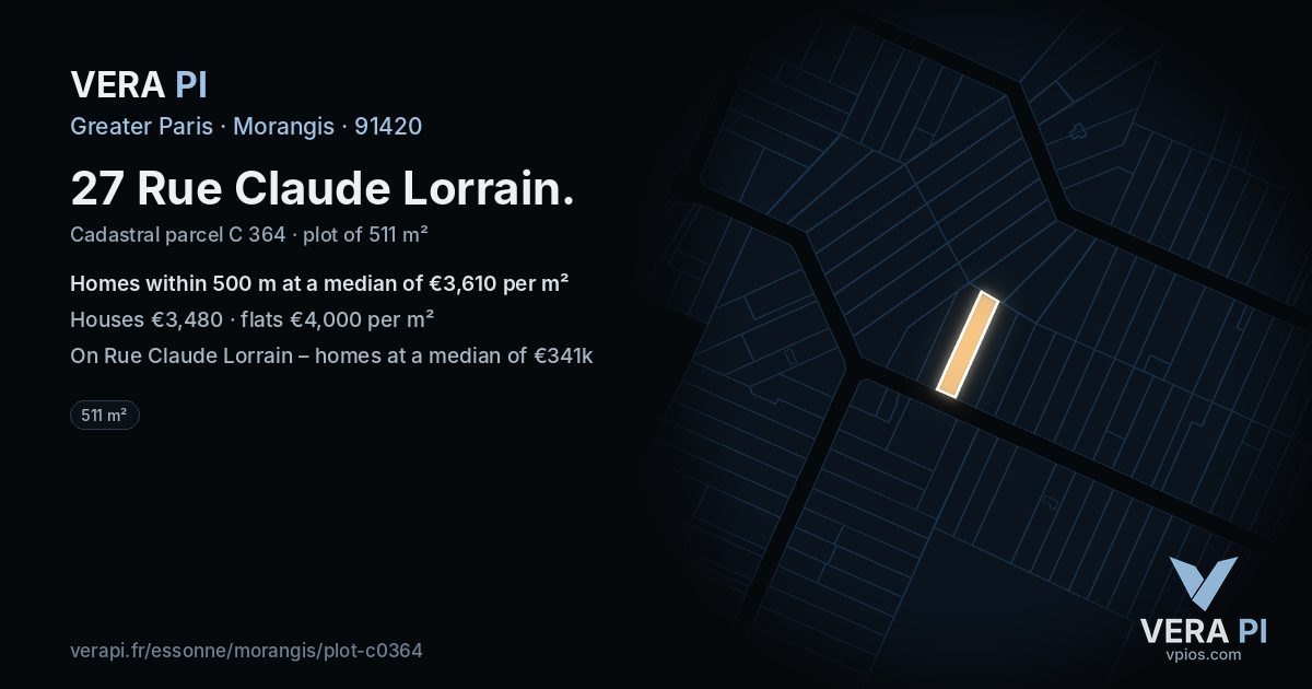 27 Rue Claude Lorrain, Morangis at night – the plot lit, the parcels around coloured by the prices near them