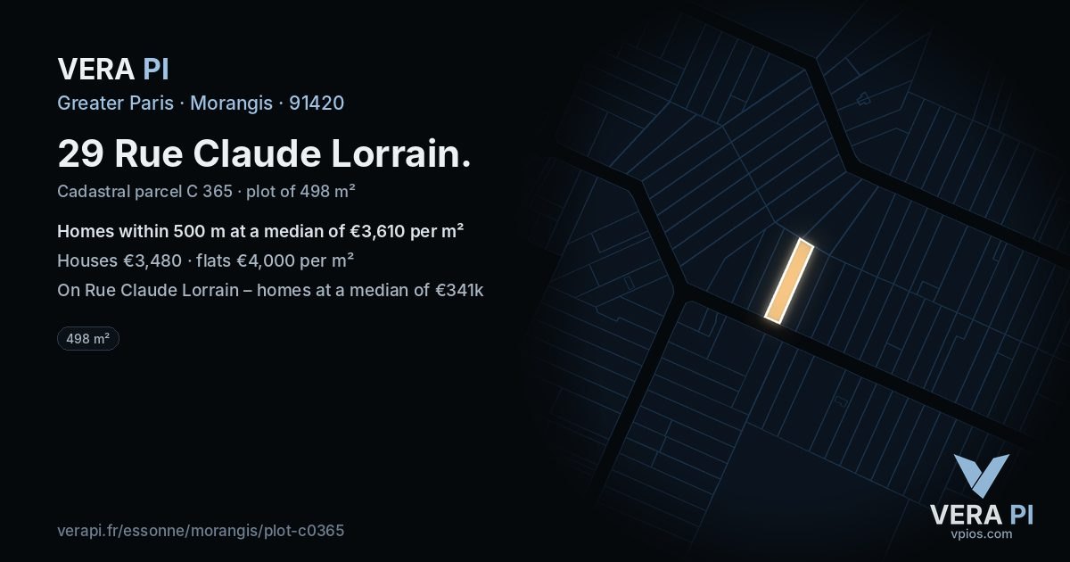 29 Rue Claude Lorrain, Morangis at night – the plot lit, the parcels around coloured by the prices near them