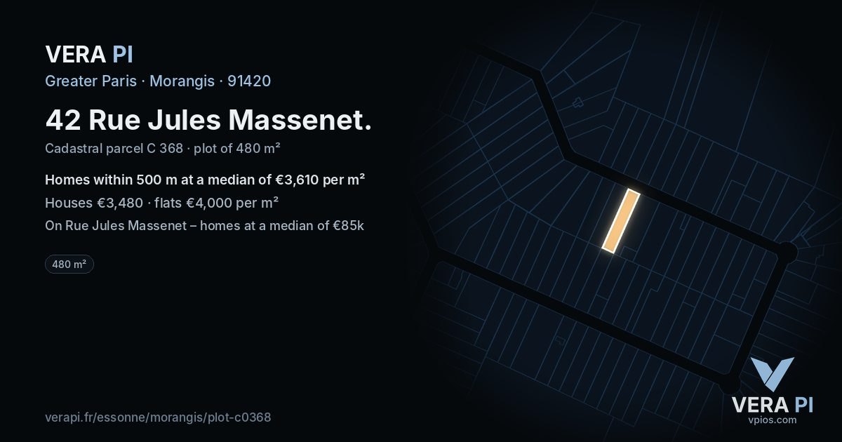 42 Rue Jules Massenet, Morangis at night – the plot lit, the parcels around coloured by the prices near them