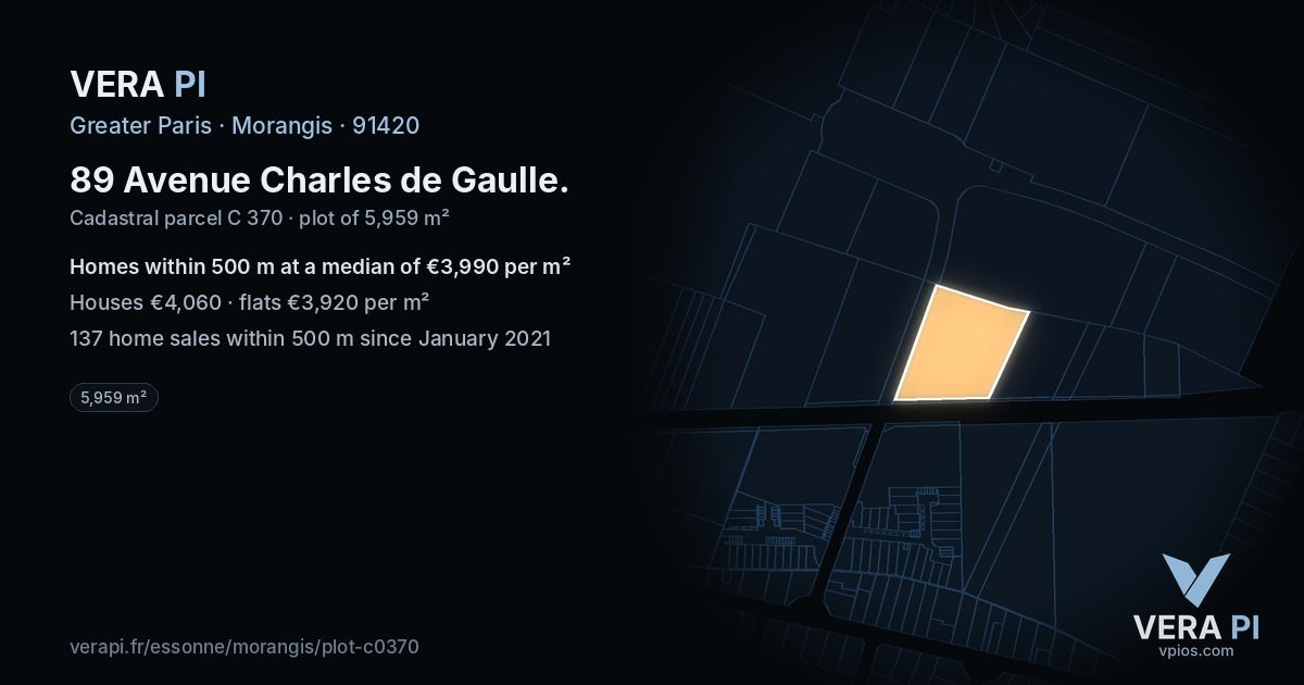 89 Avenue Charles de Gaulle, Morangis at night – the plot lit, the parcels around coloured by the prices near them