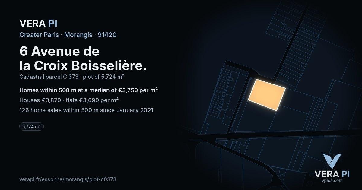 6 Avenue de la Croix Boisselière, Morangis at night – the plot lit, the parcels around coloured by the prices near them