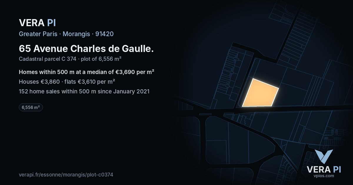 65 Avenue Charles de Gaulle, Morangis at night – the plot lit, the parcels around coloured by the prices near them