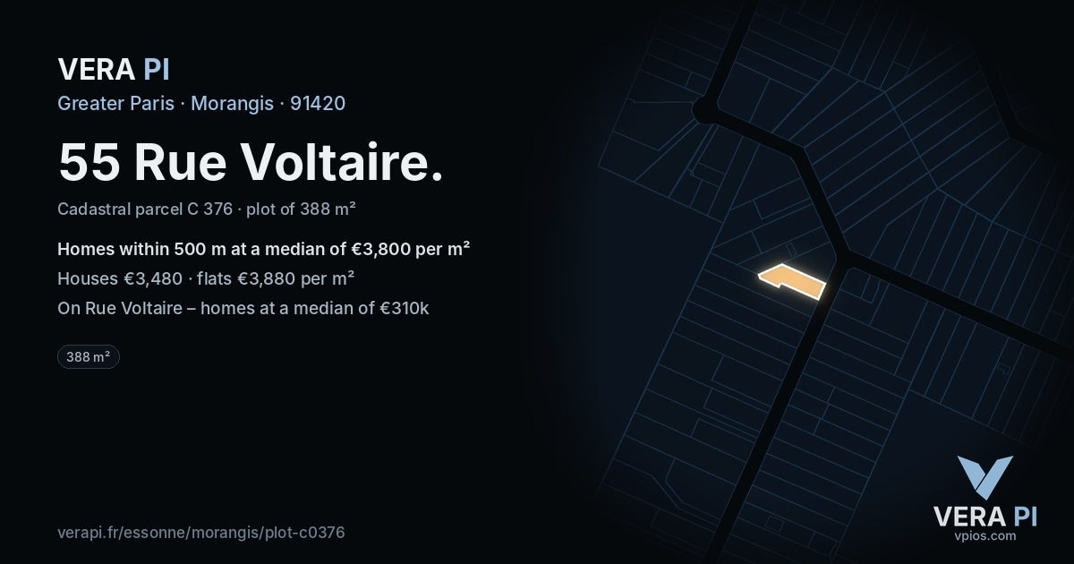 55 Rue Voltaire, Morangis at night – the plot lit, the parcels around coloured by the prices near them
