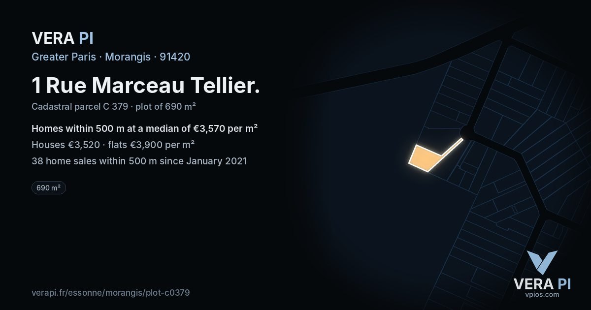 1 Rue Marceau Tellier, Morangis at night – the plot lit, the parcels around coloured by the prices near them